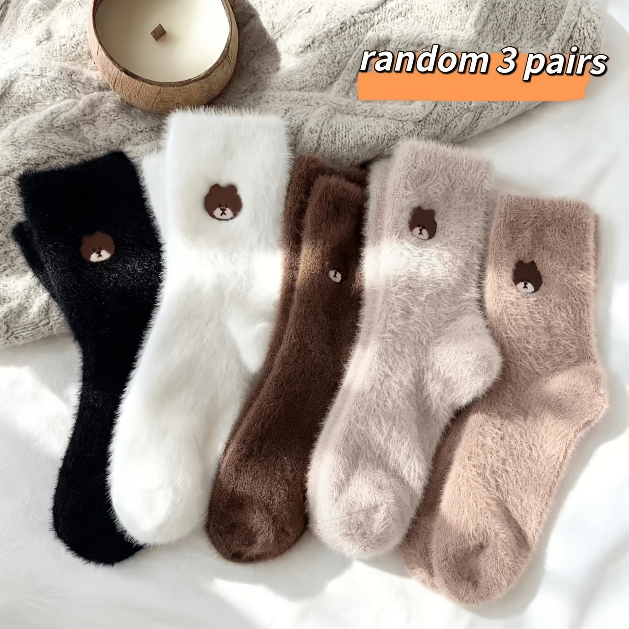 TEMU 3 Pairs Random Women's Winter Cute Plush Bear Socks Thickened Sleeping Socks Autumn And Winter Soft Floor Socks Retro