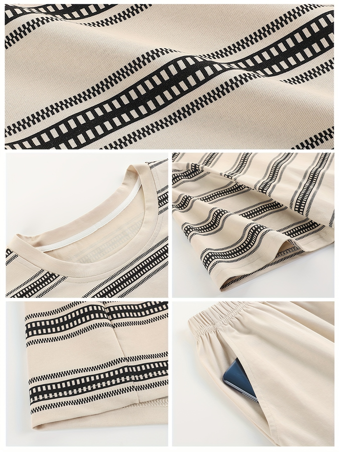 Men'S Summer Cotton Pajama Set - Casual Striped Short Sleeve & Pants, Breathable Loose Fit with Pockets, Round Neck, Lightweight for Home & Lounge Wear, Comfortable Clothing | Casual Style | Breathable Fabric