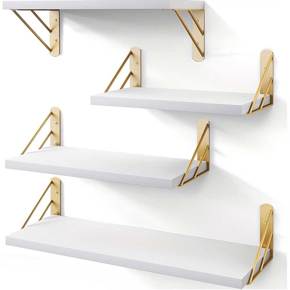 TEMU 4pcs Floating Wall Shelf Set With Dual Steel Brackets | Options, , Wood Material, Suitable For Bedroom Decor, Living Room Storage, Rustic