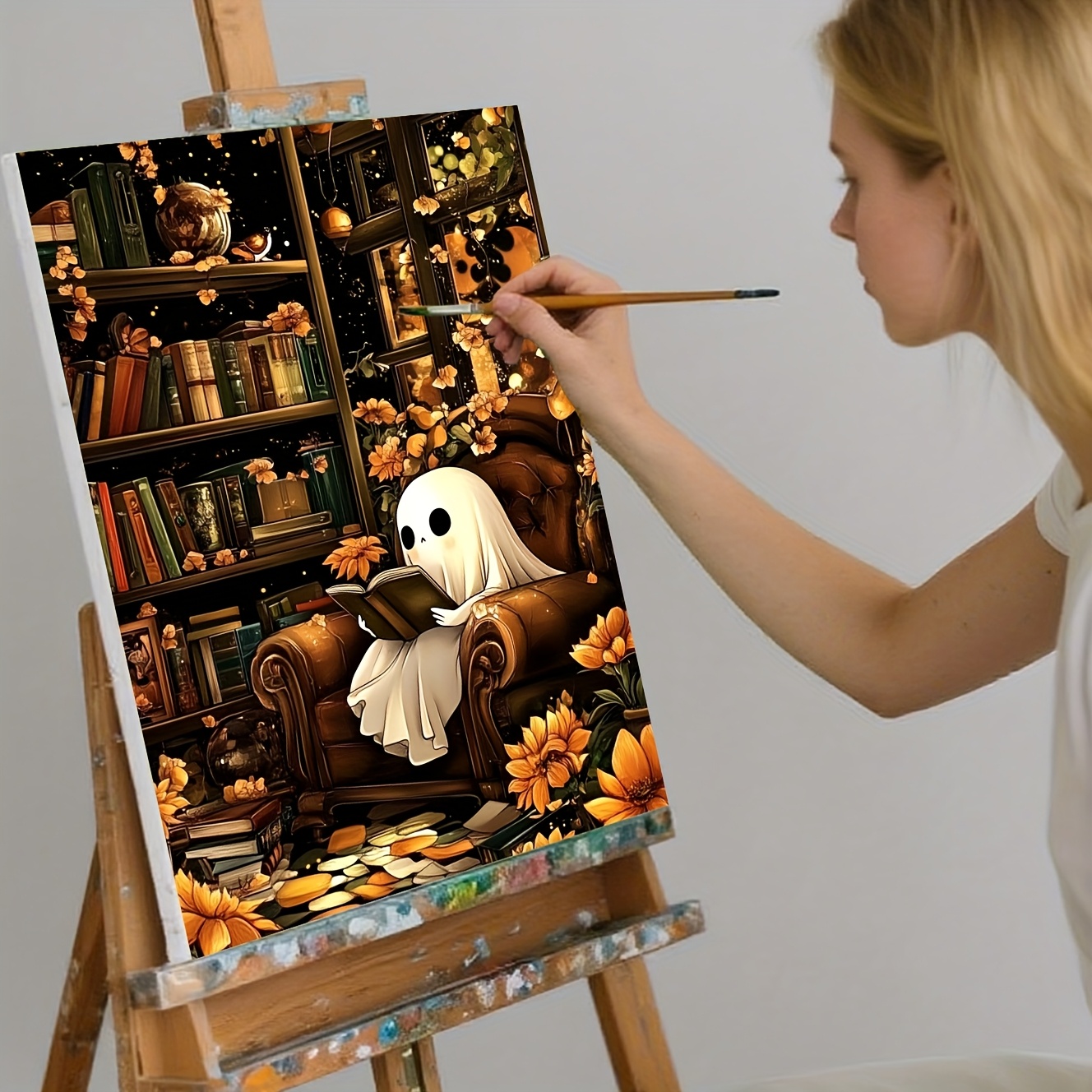 DIY Digital Painting Kit Library Scene Ghost Reading Autumn Canvas Home Decor