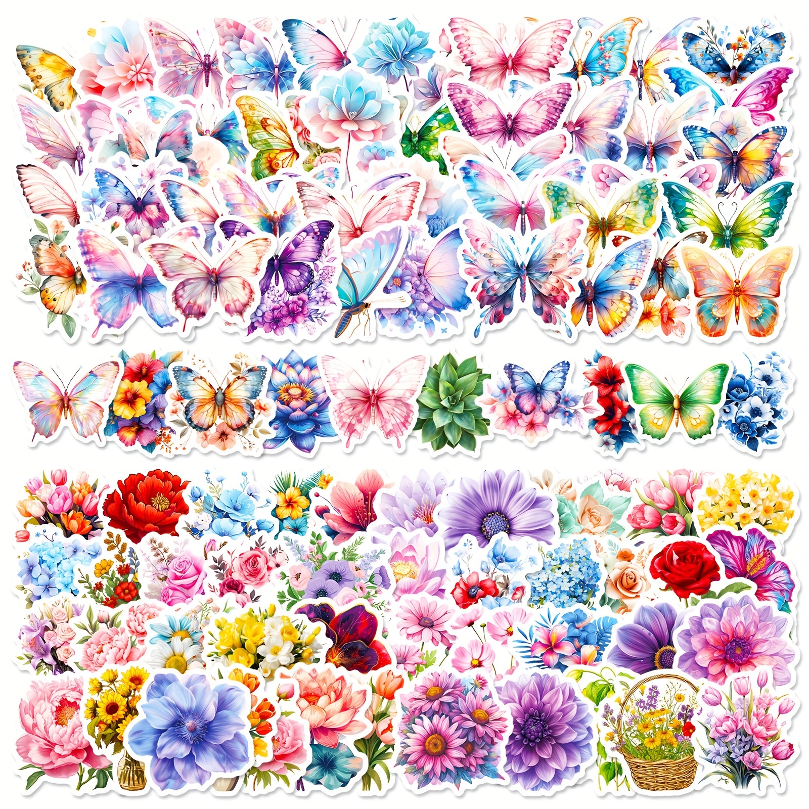 Image of 100 Holographic Graffiti Stickers Featuring Beautiful Flowers And Transparent Laser Designs, Mixed With Cartoon Stickers