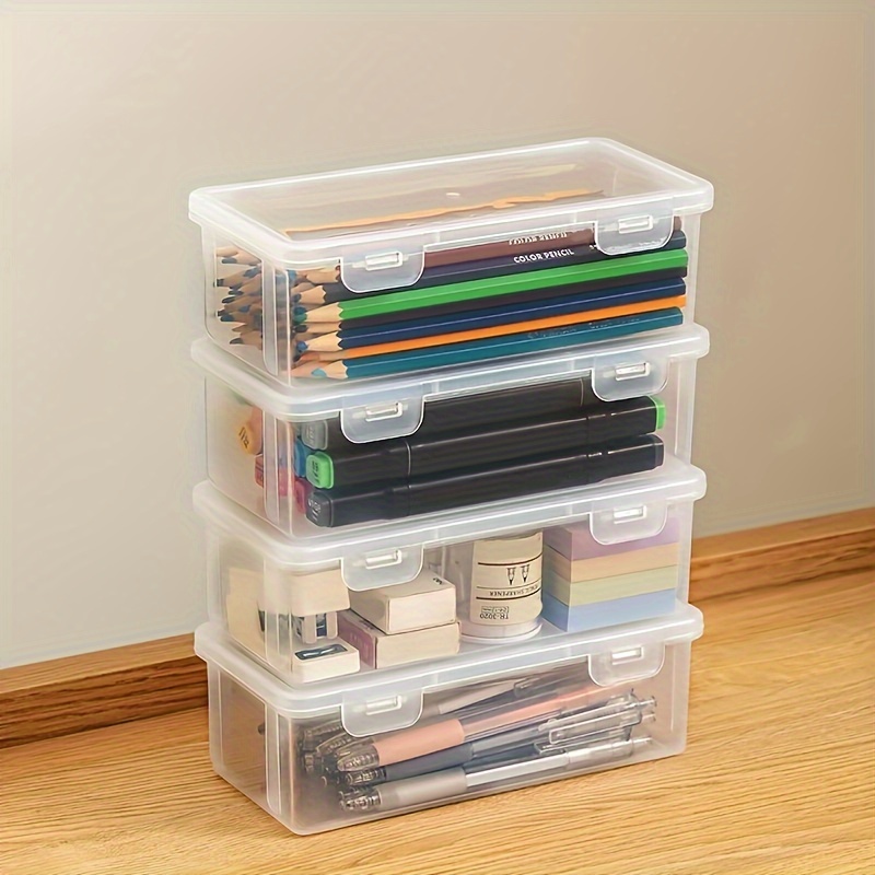 

4pcs Plastic Clear Storage Box, Large Capacity Transparent Box, Desktop Pen Pencil Marker Box, Flip Organizer With Hinged Lid, Back To School Supplies, Office Storage Box & Craft Supplies