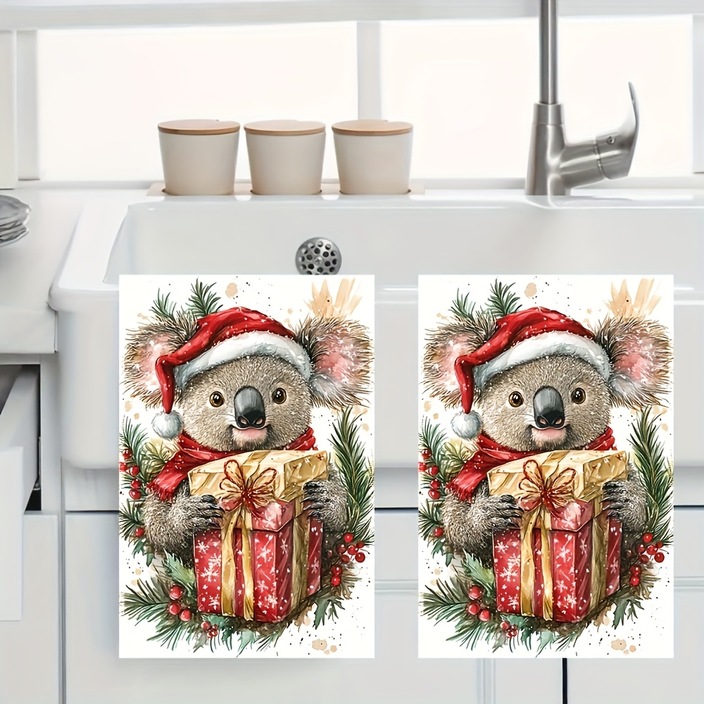 TEMU 2pcs Cute Koala Christmas Towels With Santa Hat And Scarf Design, Absorbent Kitchen Towels, Suitable For Cooking, Baking, Cleaning - Red And