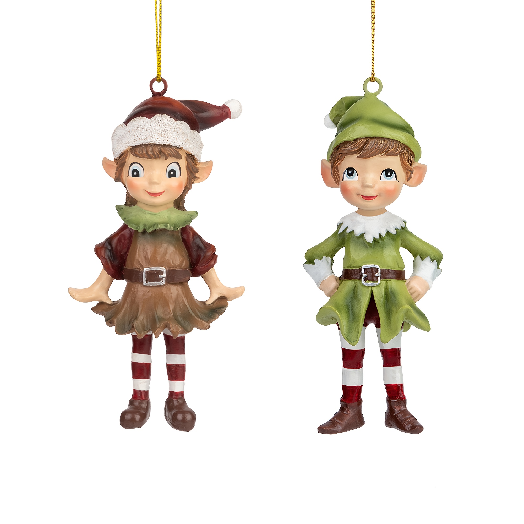 TEMU 2pcs 3d Stereoscopic Christmas Elf Figurines Hanging Ornaments, 3.5-inch Solid Resin Hand-painted Elf Pendants, Red And Green Christmas Tree