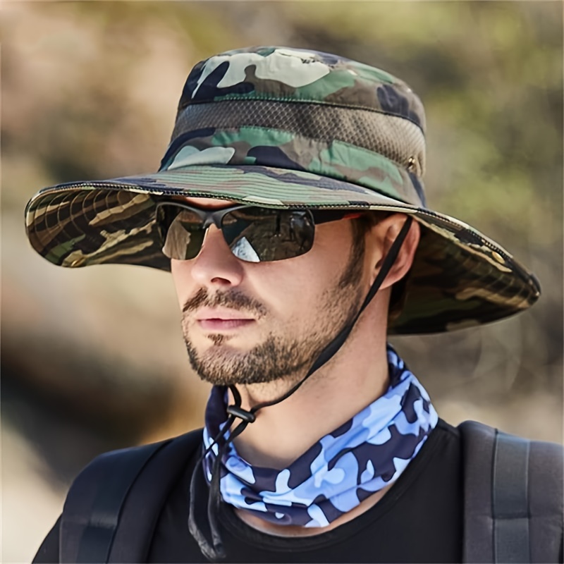 Khaki Sporty Camouflage Print Hat, Men's Wide Outdoor Hiking Camping Fishing Hat Foldable Hat for Men Bucket Hat,Temu