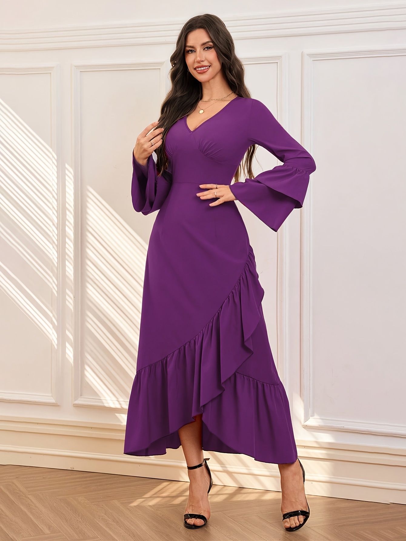 womens elegant v neck long sleeve maxi dress - Temu Ireland