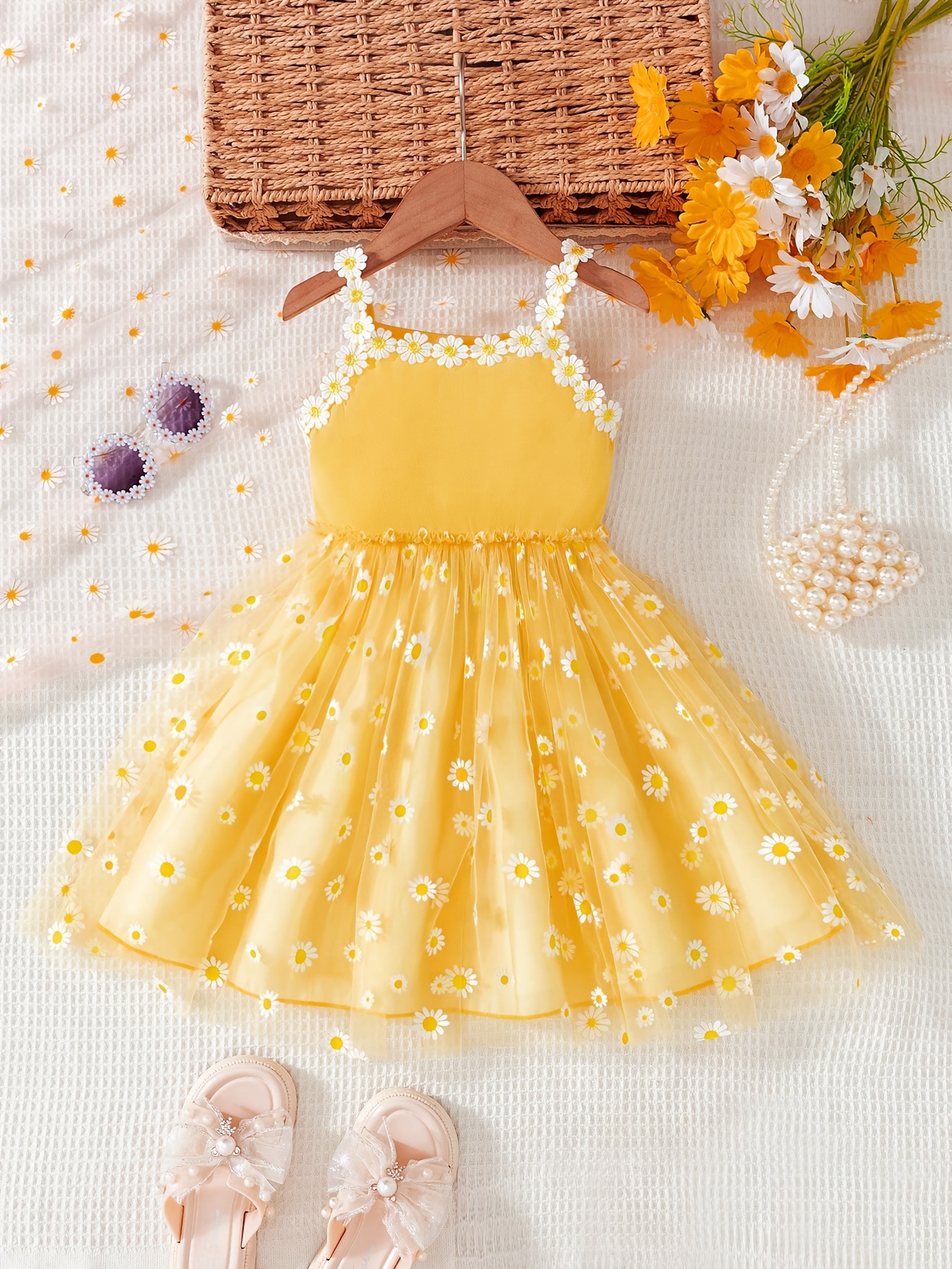 girls spaghetti suspender dress chrysanthemum lace trim mesh - Temu Oman