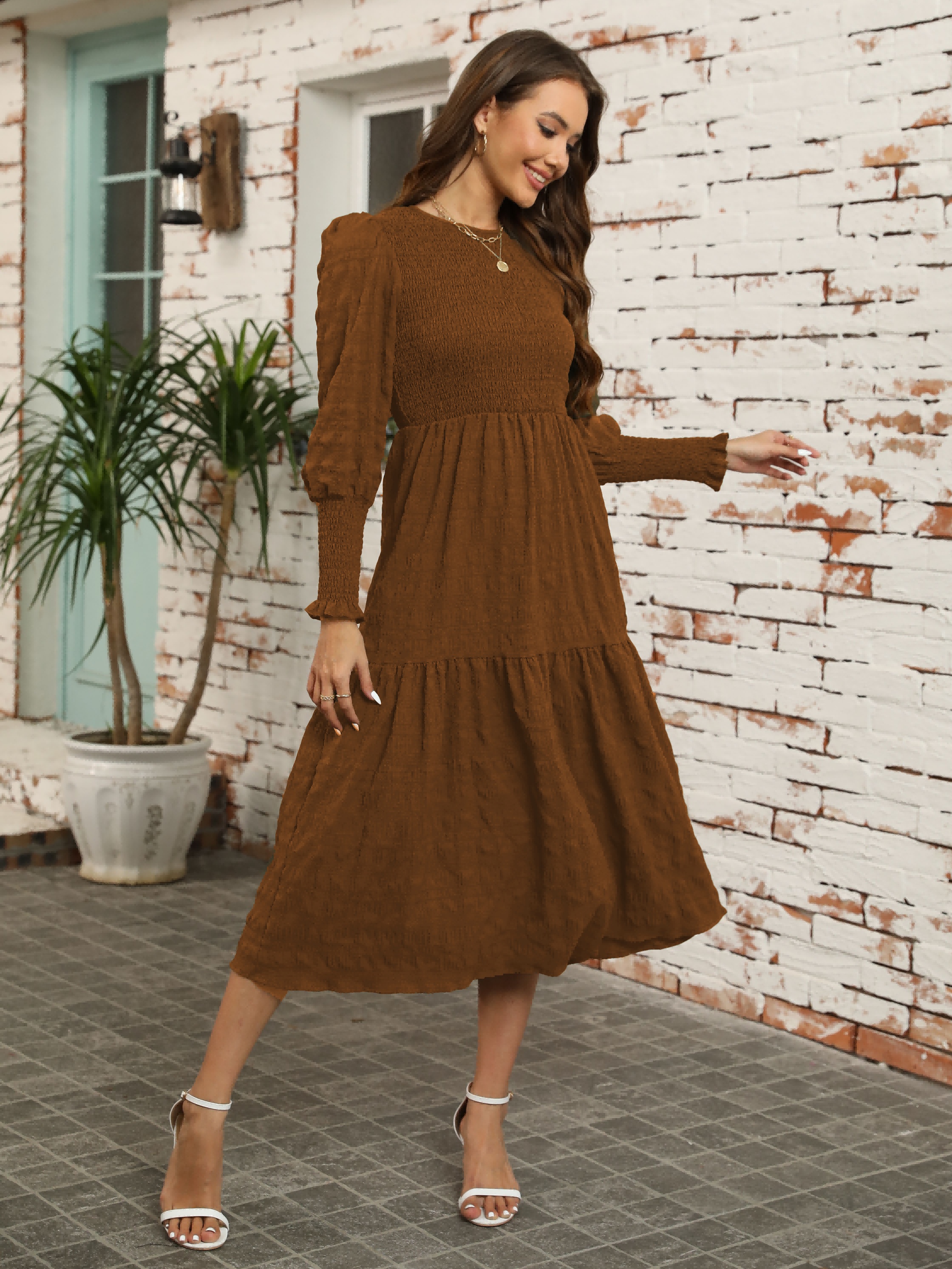 Casual Womens Trendy Dresses Textured Solid Midi Dress, Casual