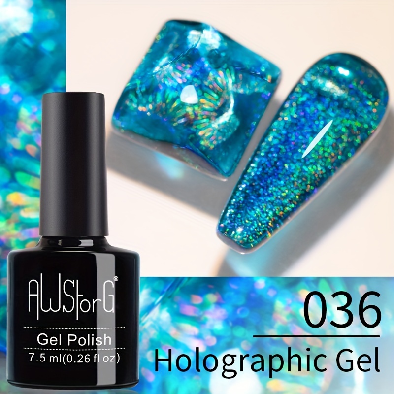 Awstorg Holographic Gel Nail Polish With Rainbow Glitter - 7.5ml Laser Chrome Nail Lacquer, Multicolor Shift Effect, Blue Nail Salon