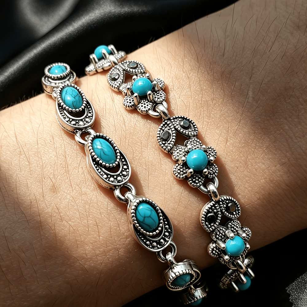 TEMU 2pcs Vintage Bohemian Bracelets Inlaid With Blue Resin, Unisex, Ideal Additions For Summer Beach Vacations, Gatherings, Dances, And Birthday