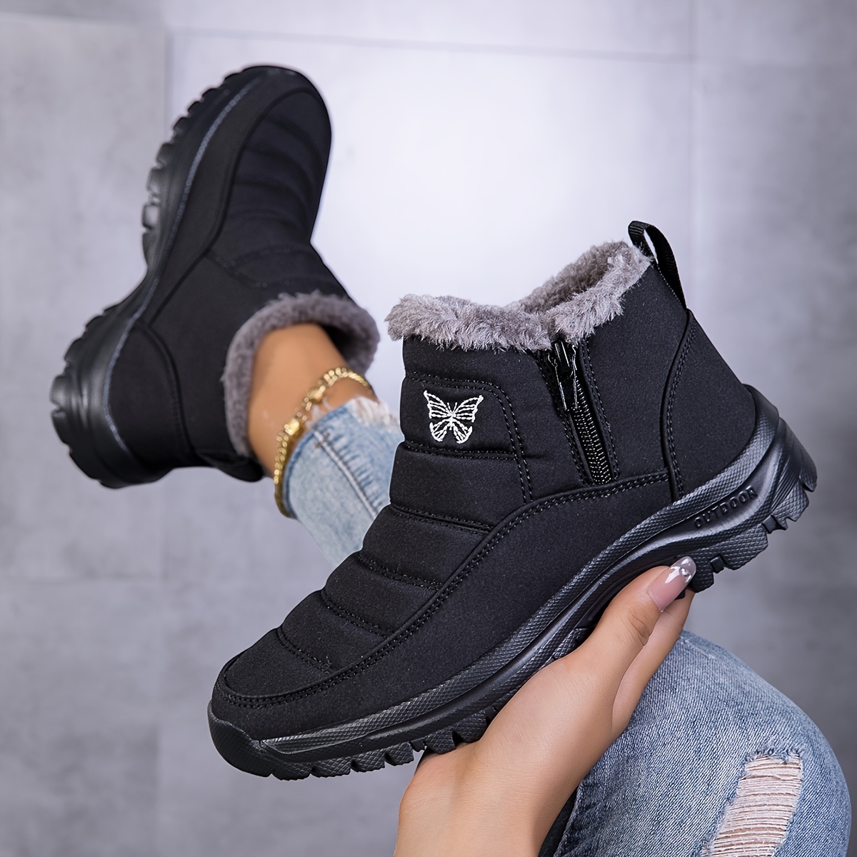 Image of Women's Snow Boots 2025 New Autumn And Winter Thick-soled High-top Women's Boots With Fleece Lining Short Boots For Outdoor Sports Hiking And Walking Large Size Zipper Slip-on Lazy Snow Boots