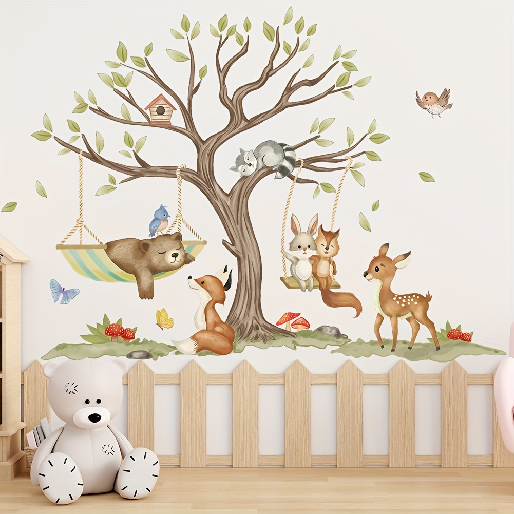 Image of Cartoon Cute Bear And Fox Animal Swinging On A Swing Wall Sticker, Creative For Kids' Room, Bedroom, Living Room, Sofa Decorative Self-adhesive Wallpaper