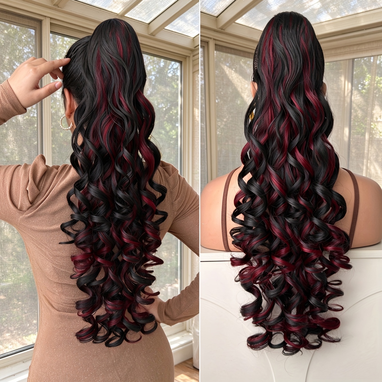 TEMU Extensiones de coleta sintética para mujer de 28" con ondas profundas, resistente al , con clip de cordón ajustable - Multicolor (Negro, Marrón,