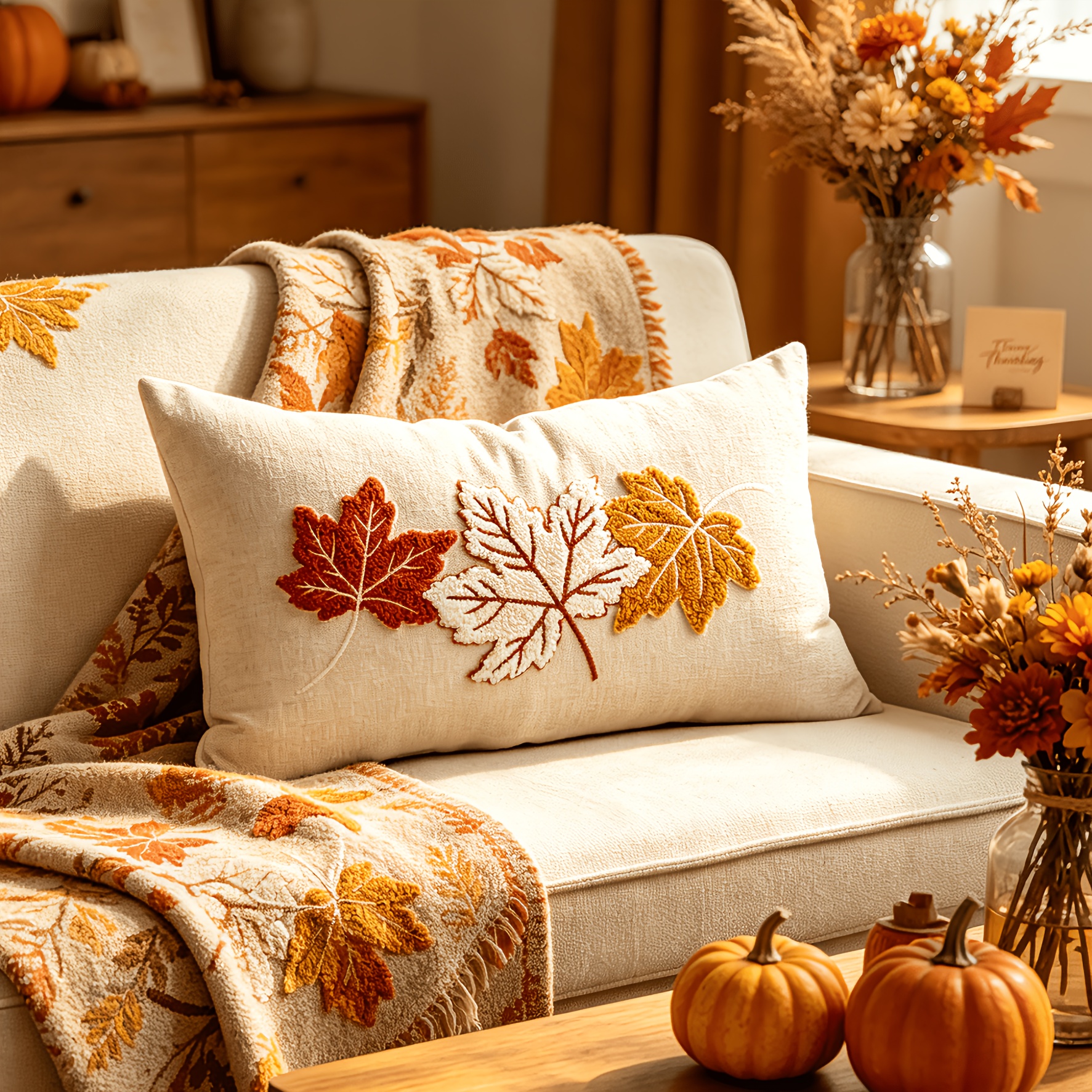 TEMU 1pc Autumn Pillow Covers Embroidery Pumpkin Maple Leaf Fall Decor Pillowcase Autumn Thanksgiving Decorations Outdoor Throw Pillow Covers