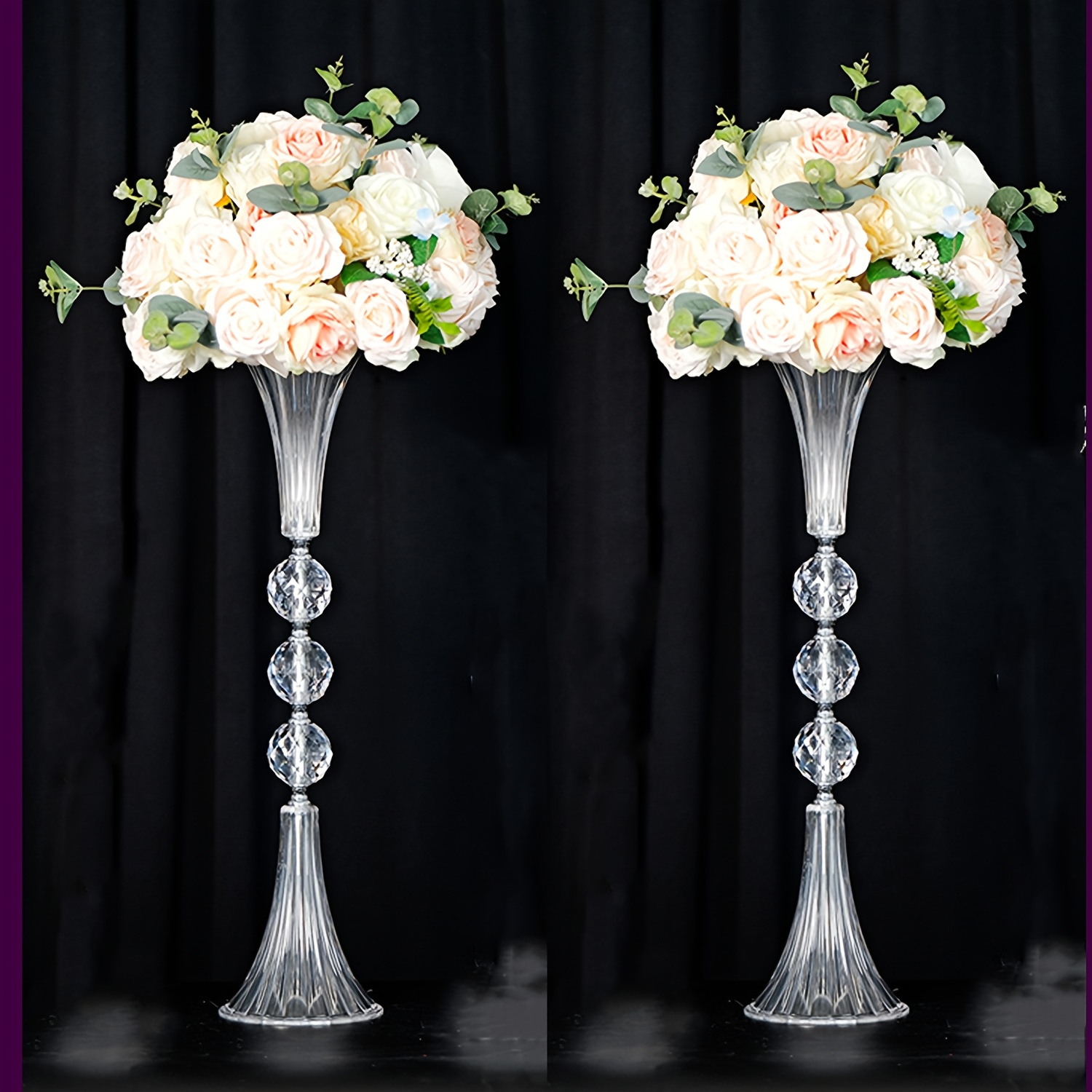 TEMU Crystal Acrylic Trumpet Vases For Wedding Decor, 2pcs Of Elegant Table Centerpieces, Clear Flower Stands With Stripe Texture, Simple Acrylic