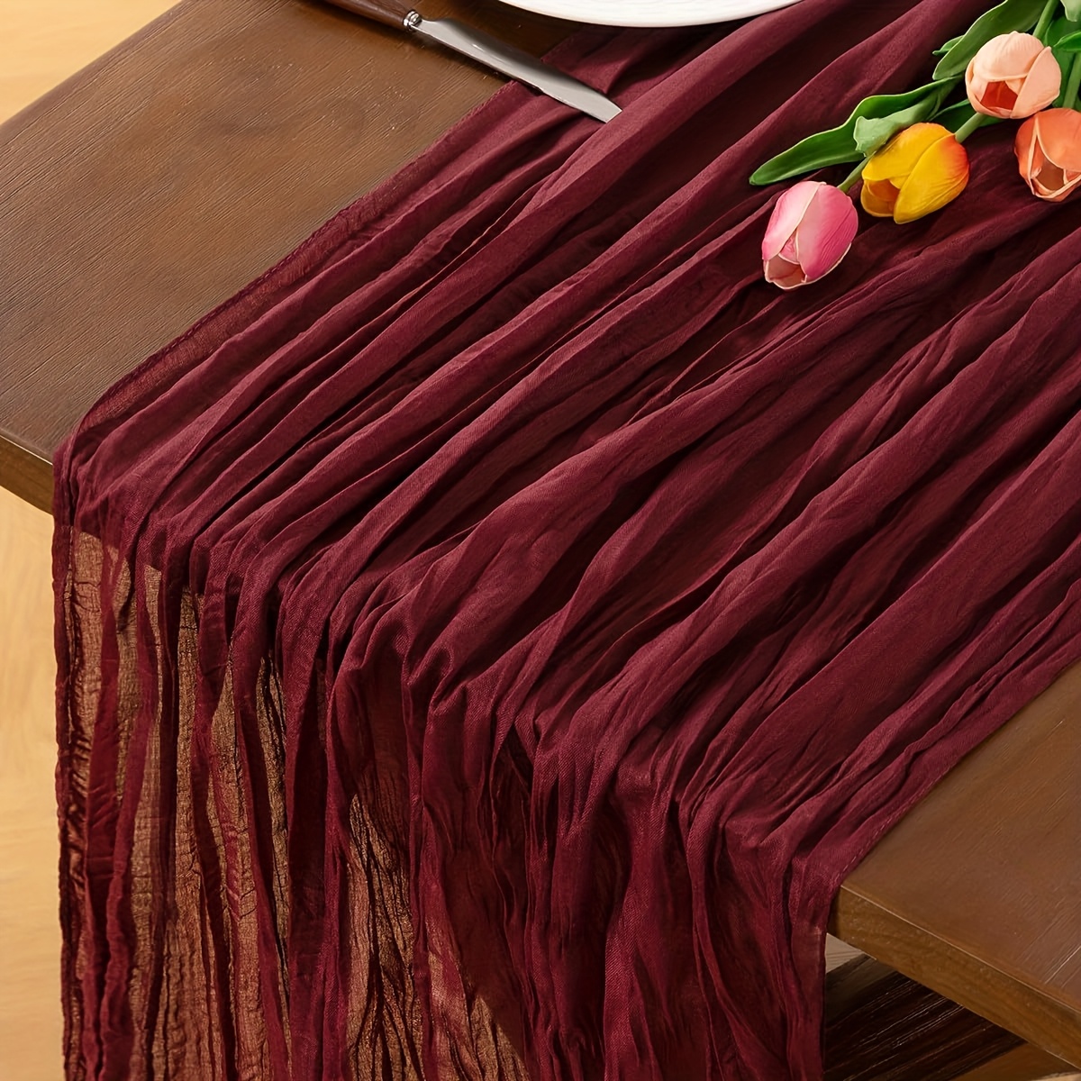 2pcs Burgundy Bohemian Gauze Table Runners, Suitable For Baby Showers, Bridal Shower Decorations, Weddings, Thanksgiving, Christmas, Birthday Decorations
