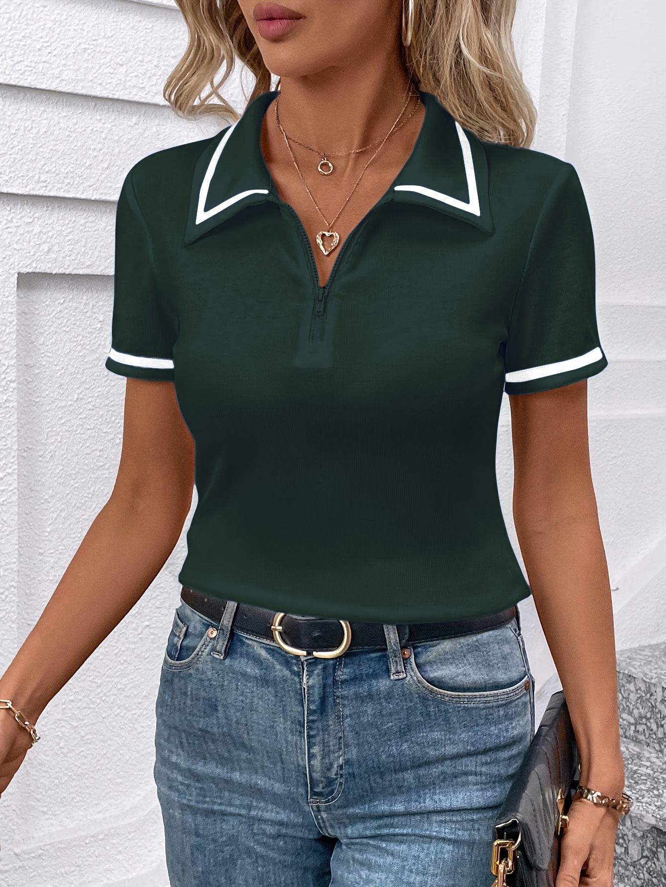 Women's Elegant Black Shirt with White Collar & Cuff Detail - Short Sleeve, Zippered, Stretchy Polyester-Spandex Blend, Machine Washable, Perfect for Casual or Professional Outfits