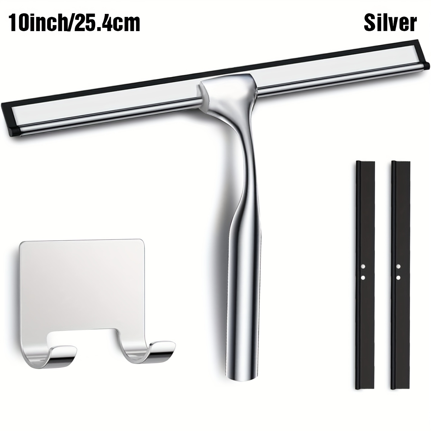 TEMU Shower Squeegee For Glass Door 12-inch Stainless Steel Bathroom Squeegee Window Wiper, Includes Adhesive Hook, And 2pcs Blade For Window Mirror