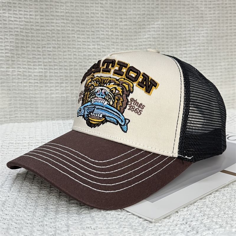 Retro Bear Head Print Baseball Cap Unisex Breathable Mesh Contrast Color Trucker Hat