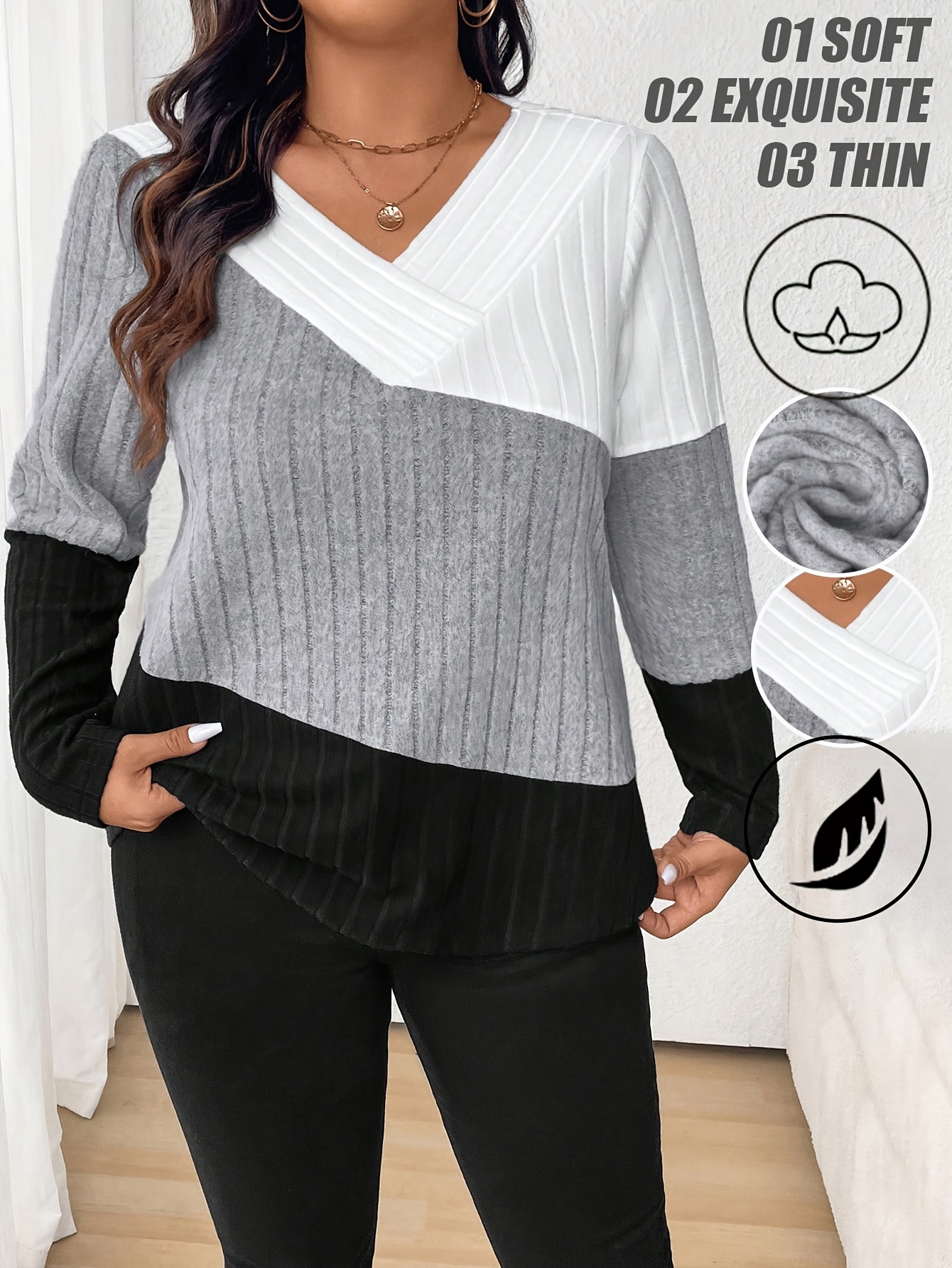 plus size plus size womens plus size fashion v neck color block   fit elegant long sleeved t shirt suitable for commuting fashionable workplace wearing style spring and autumn   etc