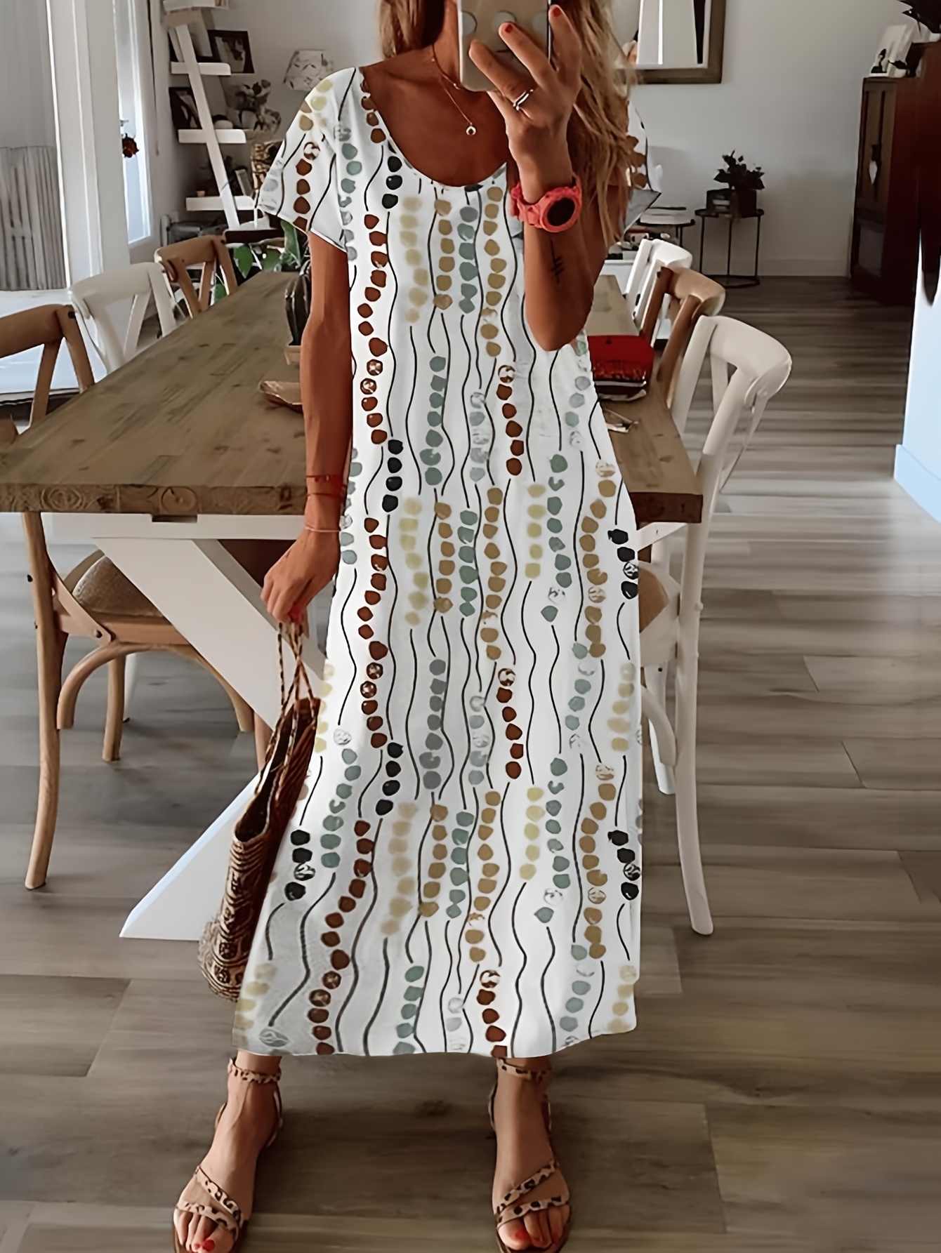 women's summer casual vacation dress with polka dot print, side pockets &  round neck - breathable machine-washable midi dress for beach , & leisure  activities, beach dresses, , relaxed fit, comfortable material,
