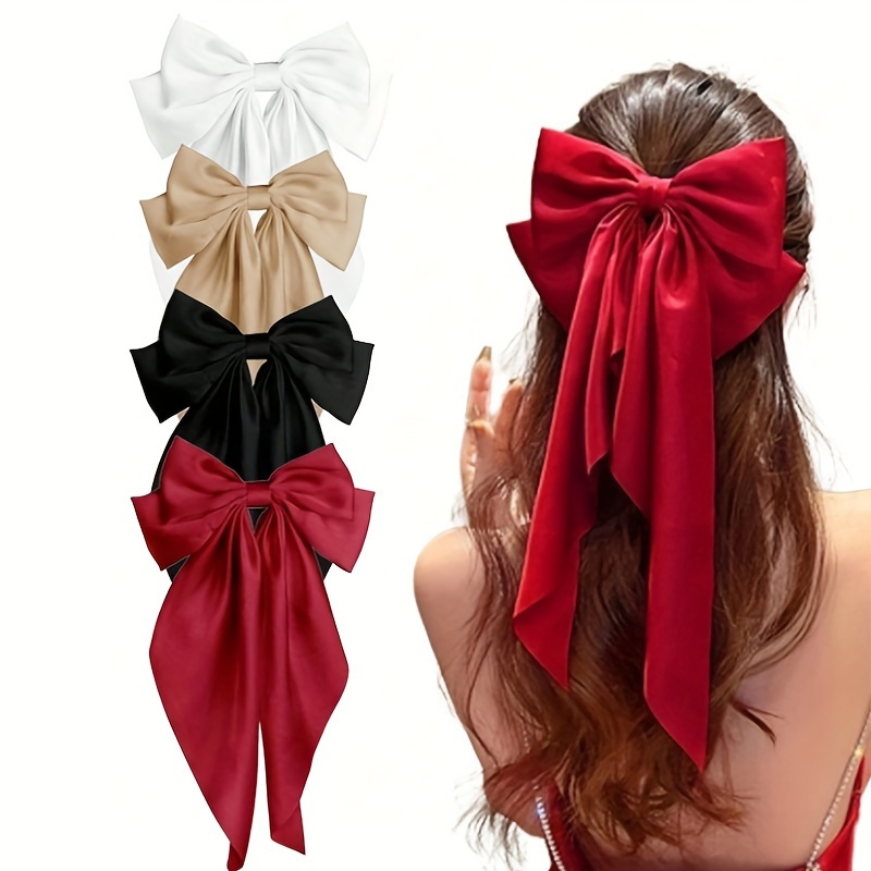 TEMU [customer Favorite] Elegant 4pcs Bow Hair Clip Set For Women - Solid Color, Long Ribbon Design | Chic & Cute Accessory For Casual Attire