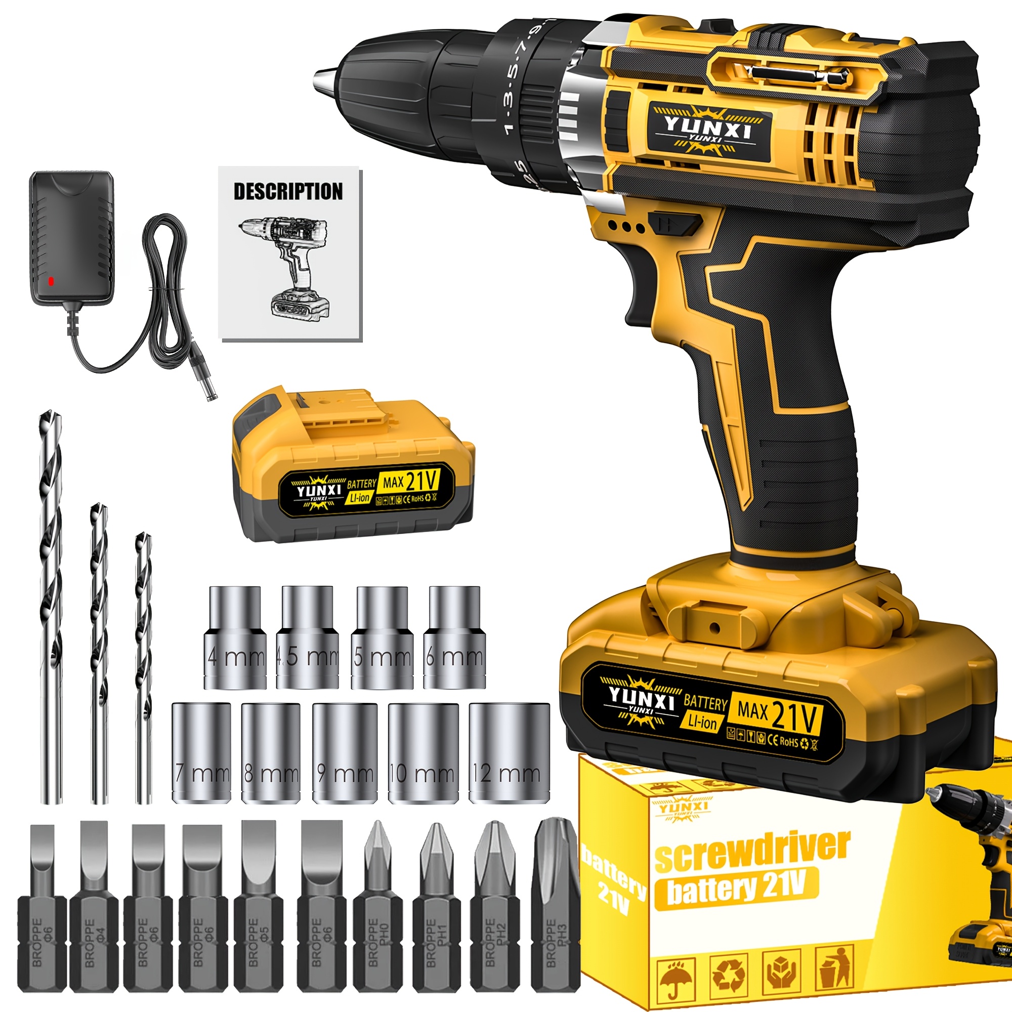 TEMU Perceuse fil, perceuse-visseuse fil 21V à vitesse variable avec chargeur rapide et batterie lithium-ion, tournevis multifonction avec mèches et