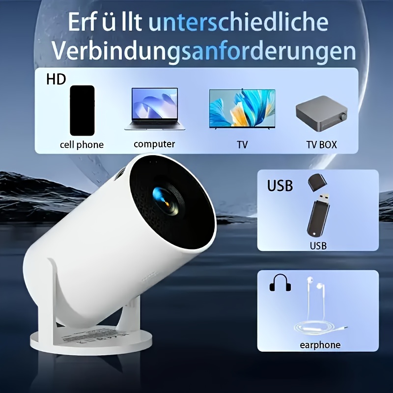 Projecteur Compact avec Wifi et Sans Fil, Capacité Locale Full HD 1080P, Support Portable 4K, un Support Réglable à 210°, Correction Automatique du Trapèze et une Conception pour le Dépoussiérage et la Dissipation de la Chaleur