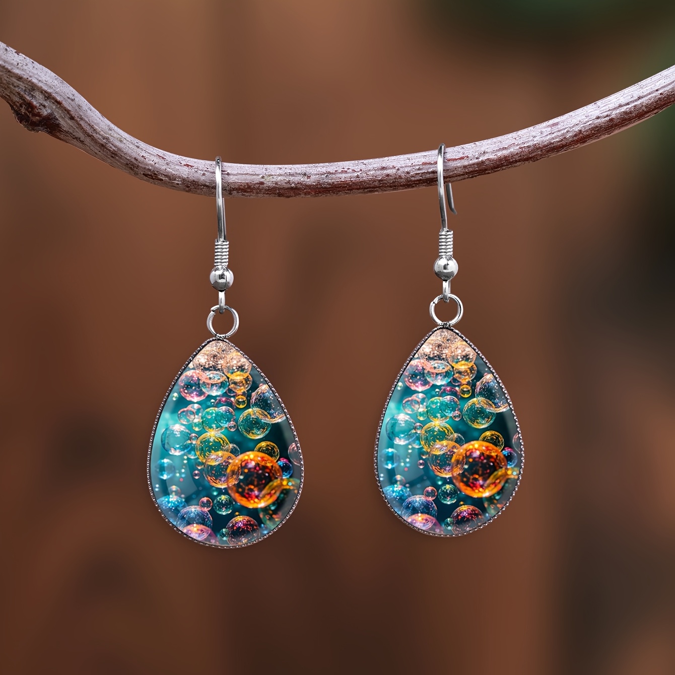 Iridescent Bubble-time Gemstone Pattern Teardrop Earrings, Stainless Steel