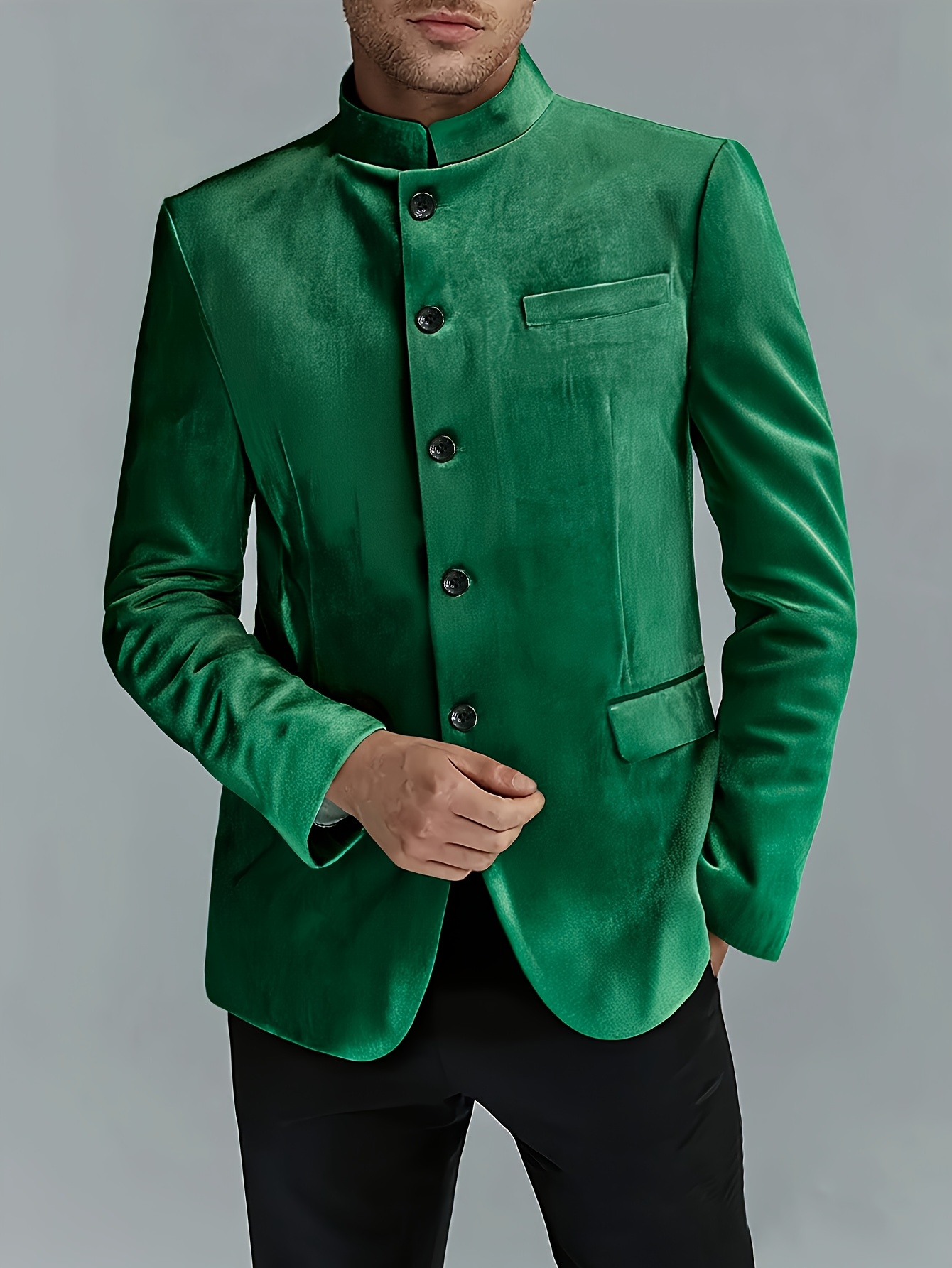 Men S   Velvet   - Stylish Long Sleeve, Button-Up, Stand Collar, Regular Fit for Parties & Banquets,   Wear, Formal Attire|Stylish  |Velvet Texture