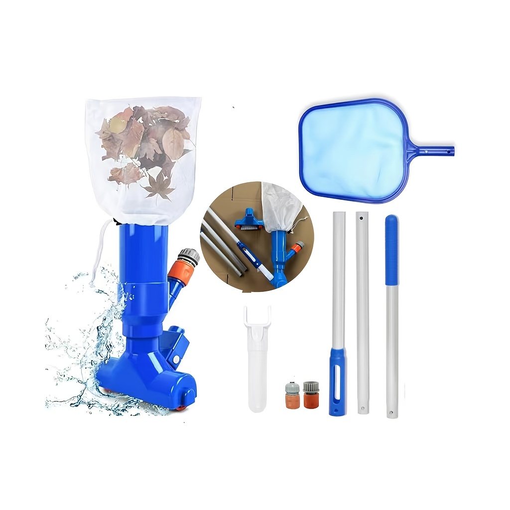 Pool Cleaning Kit: Rapid Jet Vacuum Nozzle With Pool Skimmer Net (shallow Net), 3-section 40cm Extendable Aluminum Pole, Base With Wheels And Brush, Compatible With European And Hose Connectors