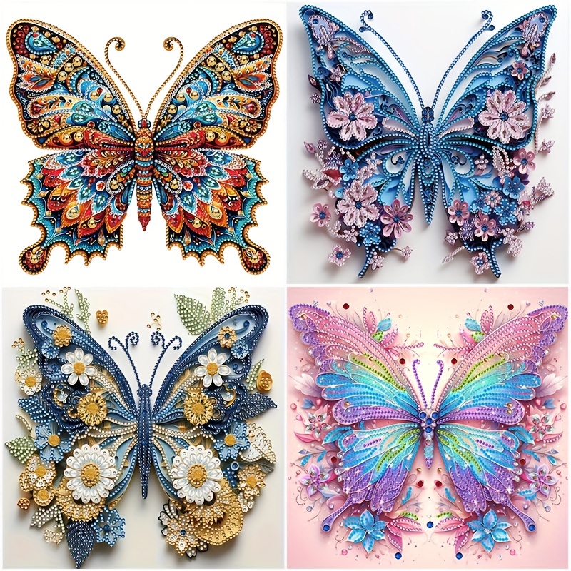 

4pcs Diy 5d Diamond Painting Kit, 11.8" X 11.8" , Unique Butterfly & Flower Designs - Wall , Ideal For Beginners