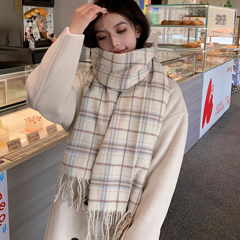 2025 Autumn And Winter Thick Striped Scarf with an Elegant Tassel Design, Available in Beige And Blue, Windproof And Warm, a Fashionable Item for Women