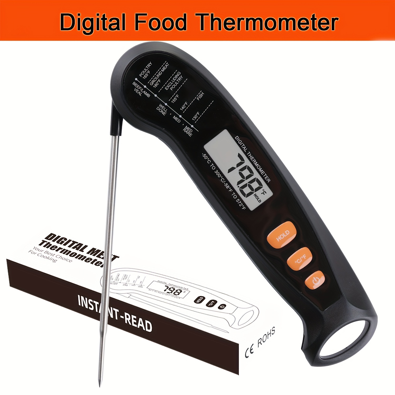 1pc digital kitchen food thermometer with fast accurate measurement compact foldable design for   stainless steel ideal for   restaurant   measurement tool compact thermometer durable construction