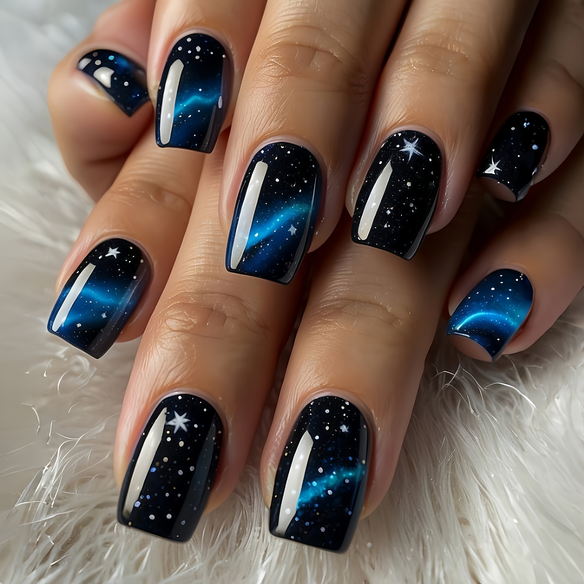 E-shop Upgrade Dein Aussehen – 24-teiliges Mittelkurzes Sternenhimmel-Nageldesign-Set mit Klebe-Tips, abnehmbaren Gelnägeln und Nagelfeile