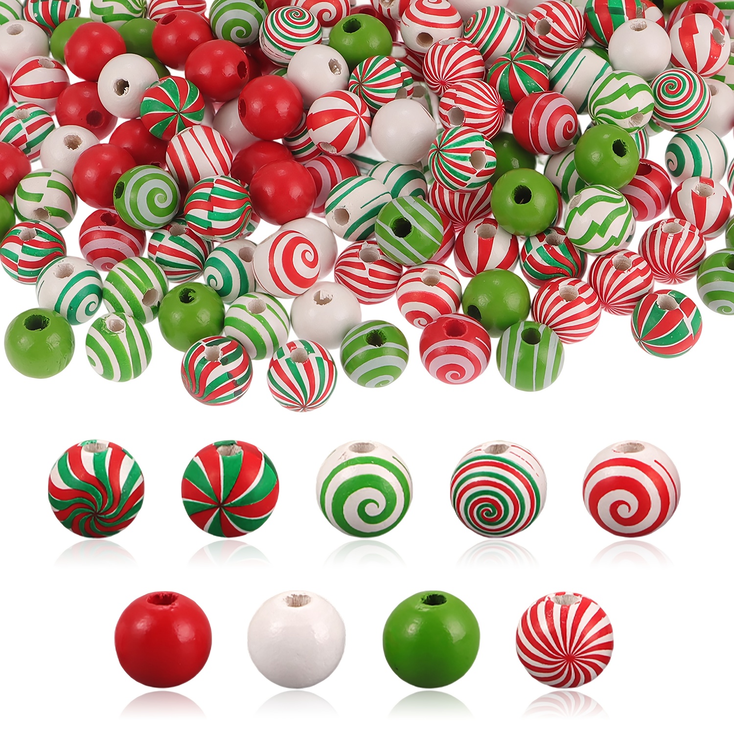 60pcs Of Christmas Wooden Beads In Candy Cane Design, Featuring Patterns In Red, Green, And White, 16mm Round Beads For Making Jewelry, Wreaths, And Decorations For Parties Holidays