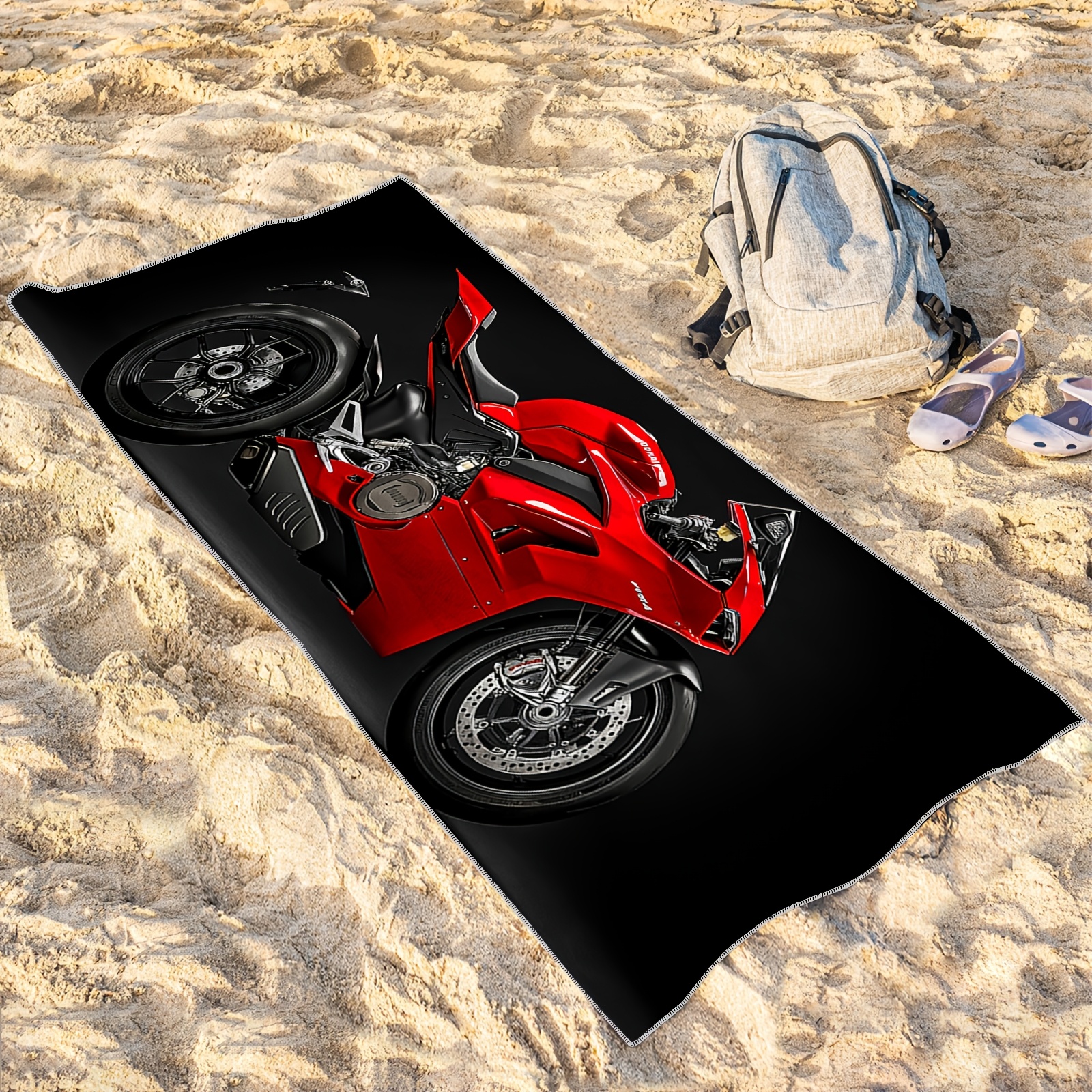 Microfiber Beach Towel Red Motorcycle Print Lightweight Absorbent_voghion.com