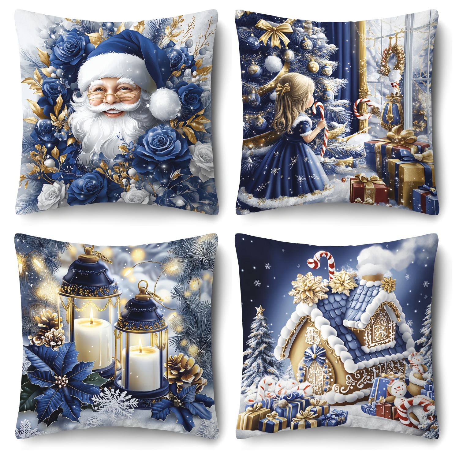 TEMU 4pcs Merry Christmas Blue Pillowcase - Theme Comfortable Soft Decorative Pillowcase, Single-sided Printing, 45cm*45cm, Suitable For Christmas