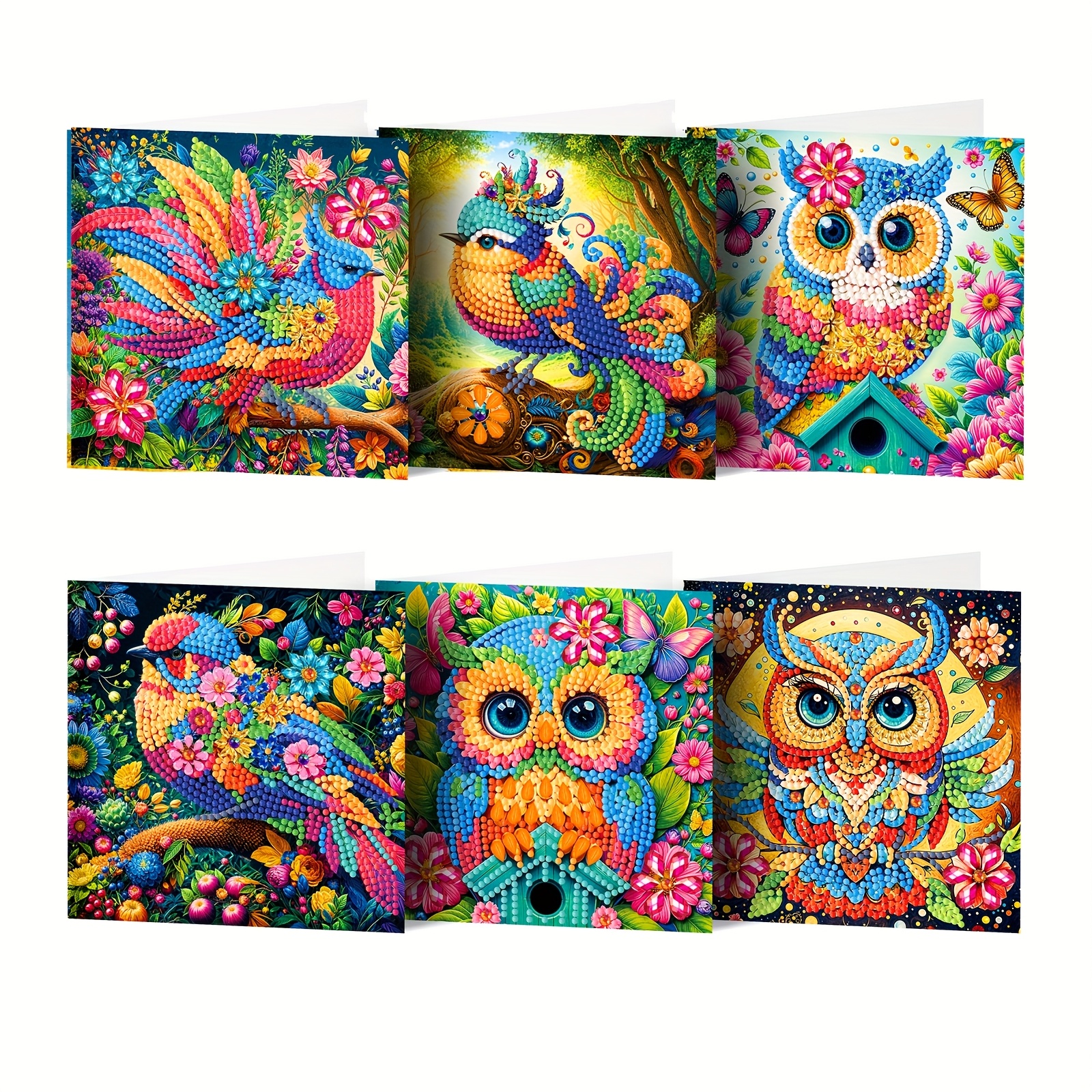TEMU 6pcs Diamond Painting Art Kit Handmade Mosaic Dot Drill, Featuring A Unique Creative Series Of Birds With Owl And Sparrow Patterns For Greeting