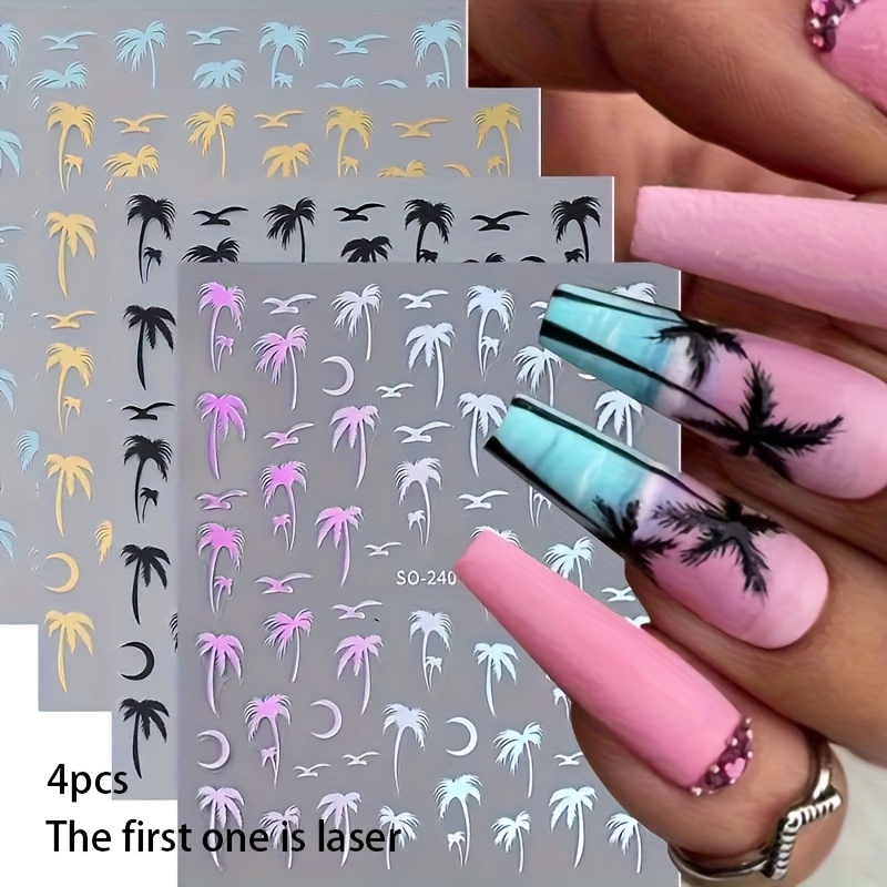 4pcs Nail Art Stickers - Transparent With Tree Designs, Vibrant Pink & Red Accents, Self-adhesive For Easy Application, Diy , Beach Theme Deco