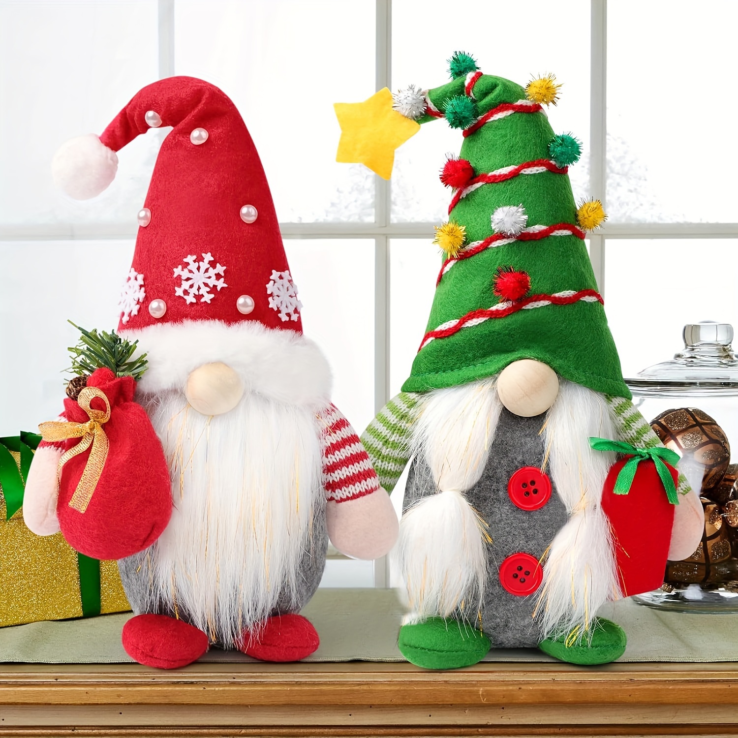 

2pc Classic Christmas Gnome Decorations - Handmade Polyester Elf Ornaments For Holiday Tabletop Display