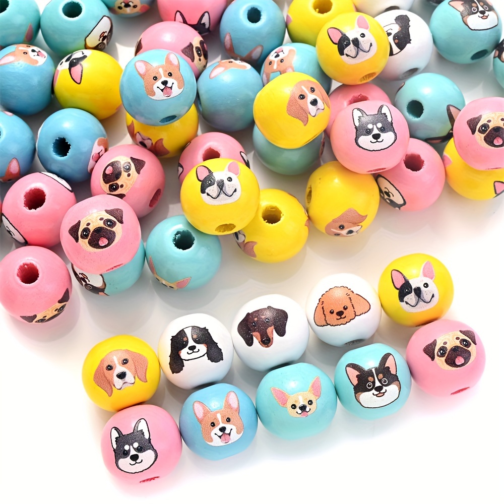 Image of 10pcs/set 16mm Random Dog Wooden Beads Head Printed Round Large Hole Natural Wood Beads For Beading Garlands Pens Crafts Jewelry Decoration