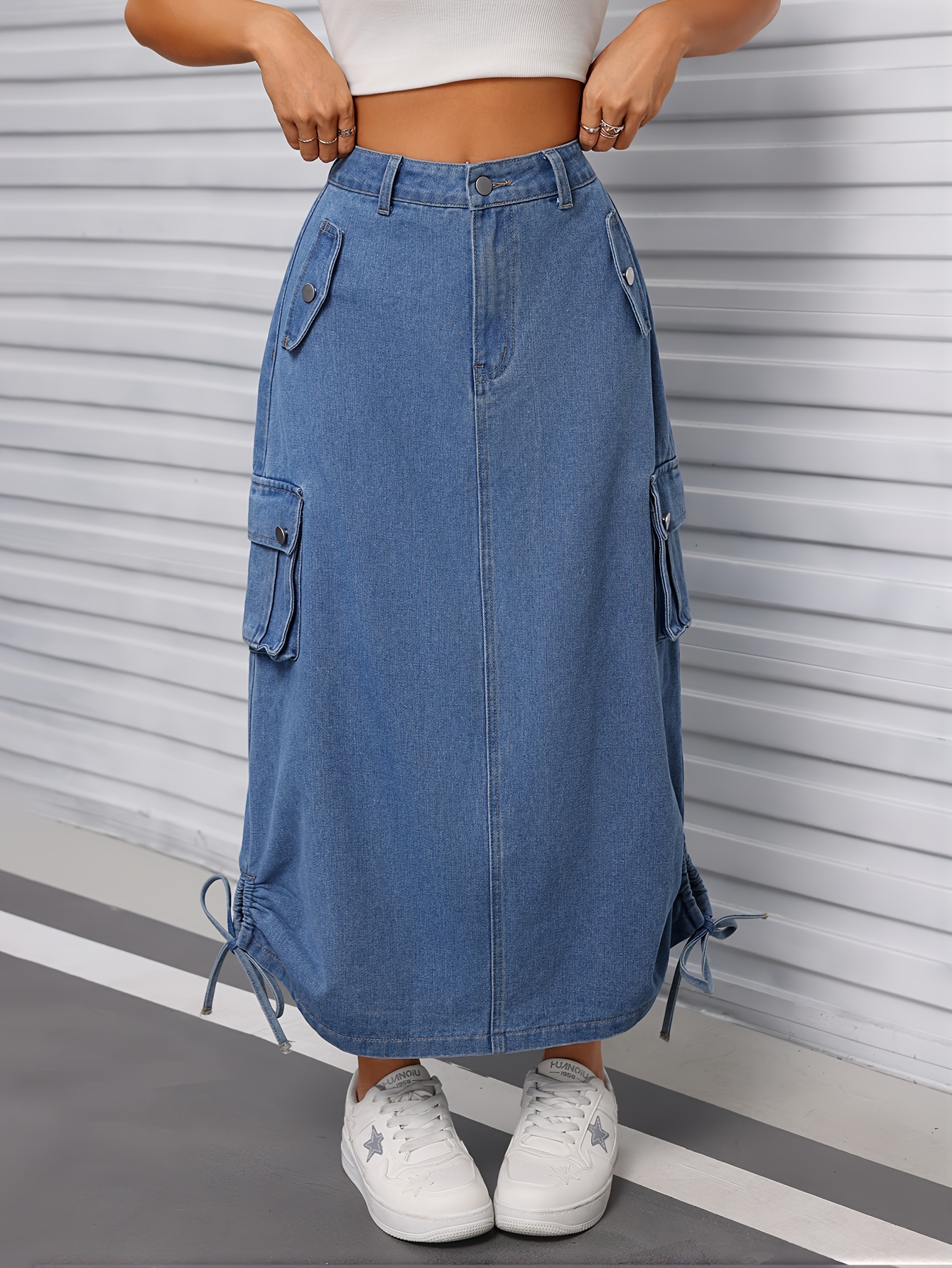 Women s Adjustable Drawstring Hem Cargo Pocket Denim Midi Temu