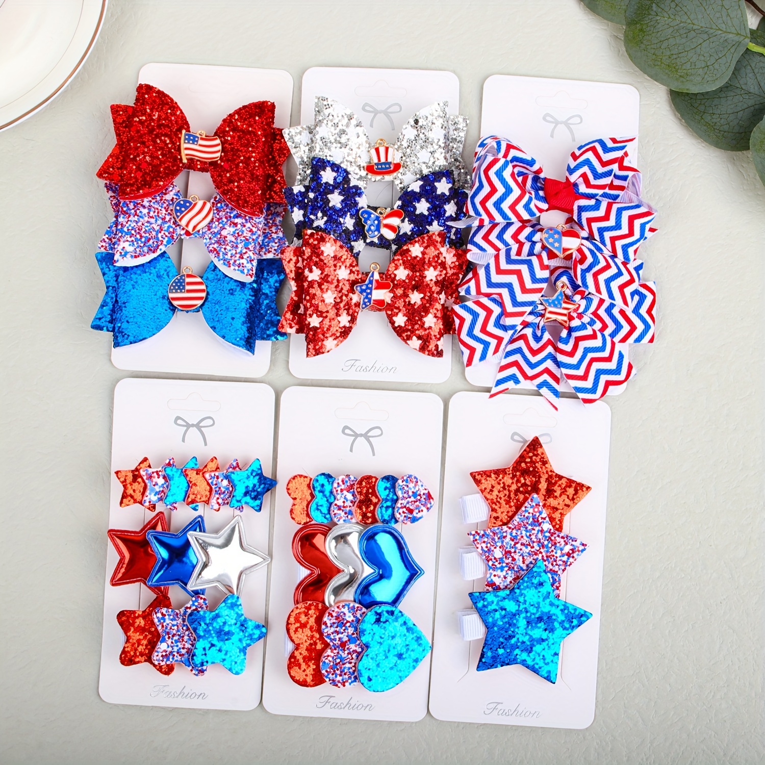 

4th Of July Patriotic Hair Clip Set - 3pcs Sparkling Heart & Star Bowknot Barrettes, Elegant Pu Leather, For Teens & Adults
