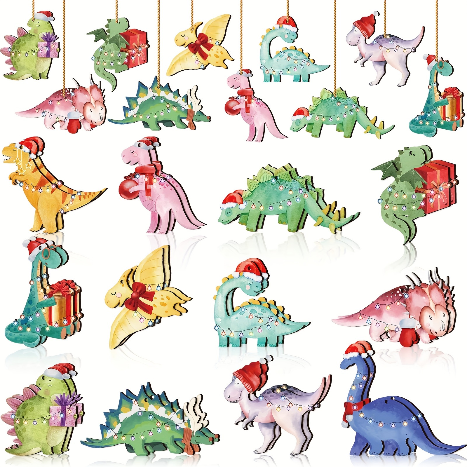 

24-piece Christmas Dinosaur Ornaments Set - Multifunctional Wooden Hanging Decorations For Tree, Suitable For Thanksgiving, , & Decor, , Shapes, No Electricity Needed