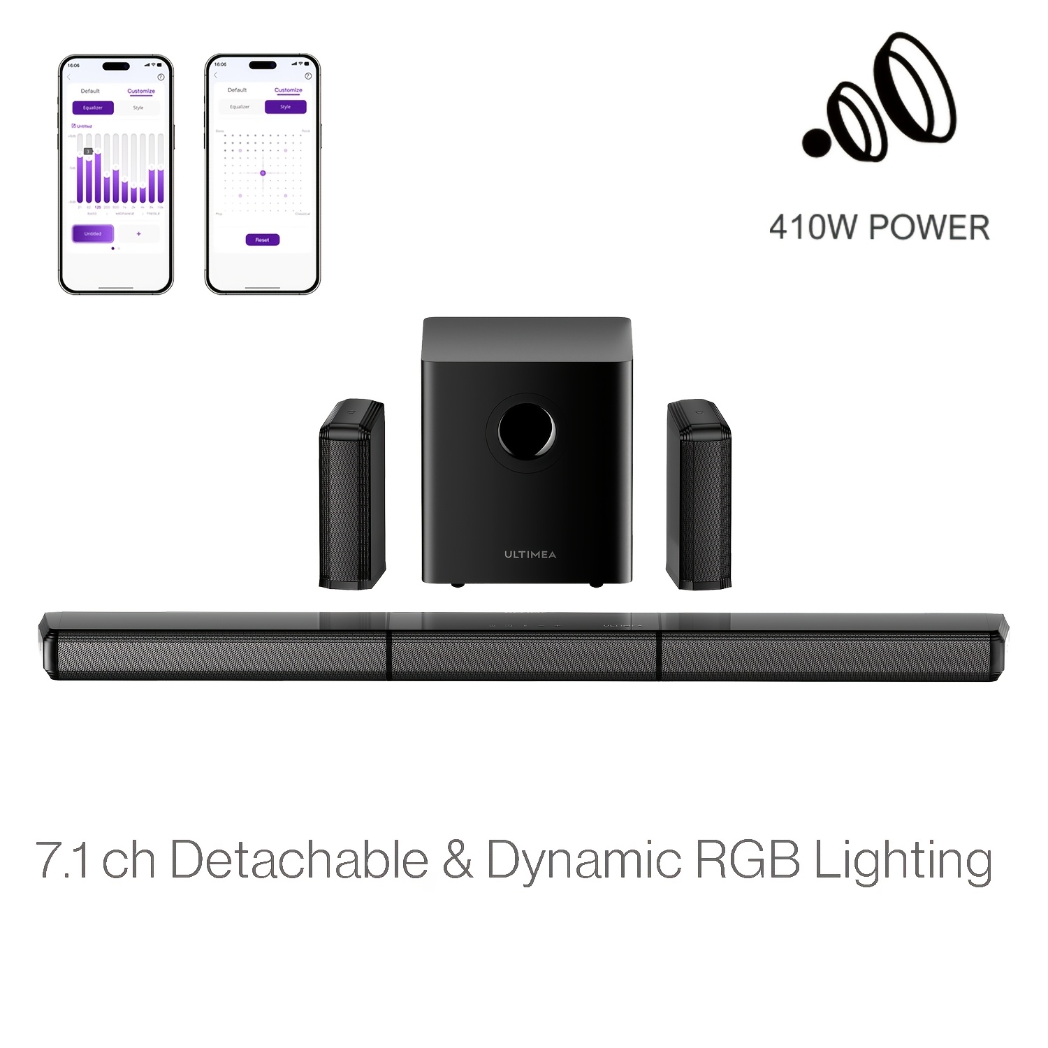 Image of Ultimea 7.1 Ch Detachable Soundbar For Tv Devices, Soundbar With Rgb Lighting For , Separable Pc Soundbar With App Control, Sound System With Adjustable Eq