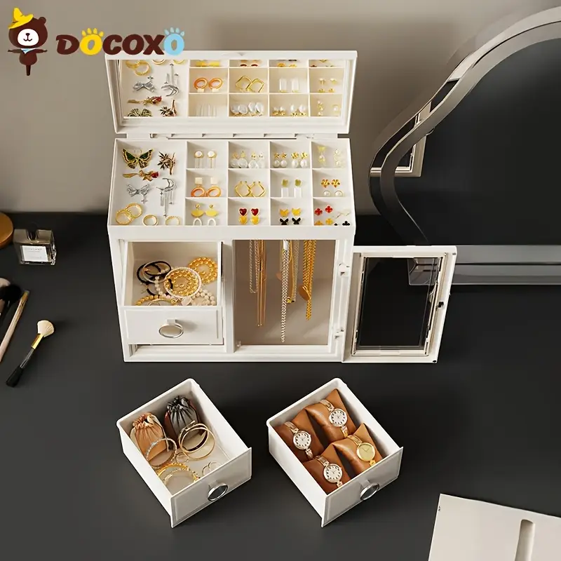 1pc european style jewelry box organizer large capacity desktop storage with leather lined interior secure snap closure multi compartment design for necklaces earrings rings elegant white polished jewelry organizer storage box necklace display durable construction organized boxes Product details 1