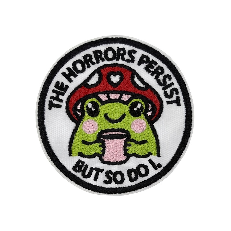 TEMU 1pc Fun Frog Mushroom Embroidered Patch - "the Horror Remains, But " Embroidered Iron-on Applique, Cute Animal Black Humor Accessory, Suitable