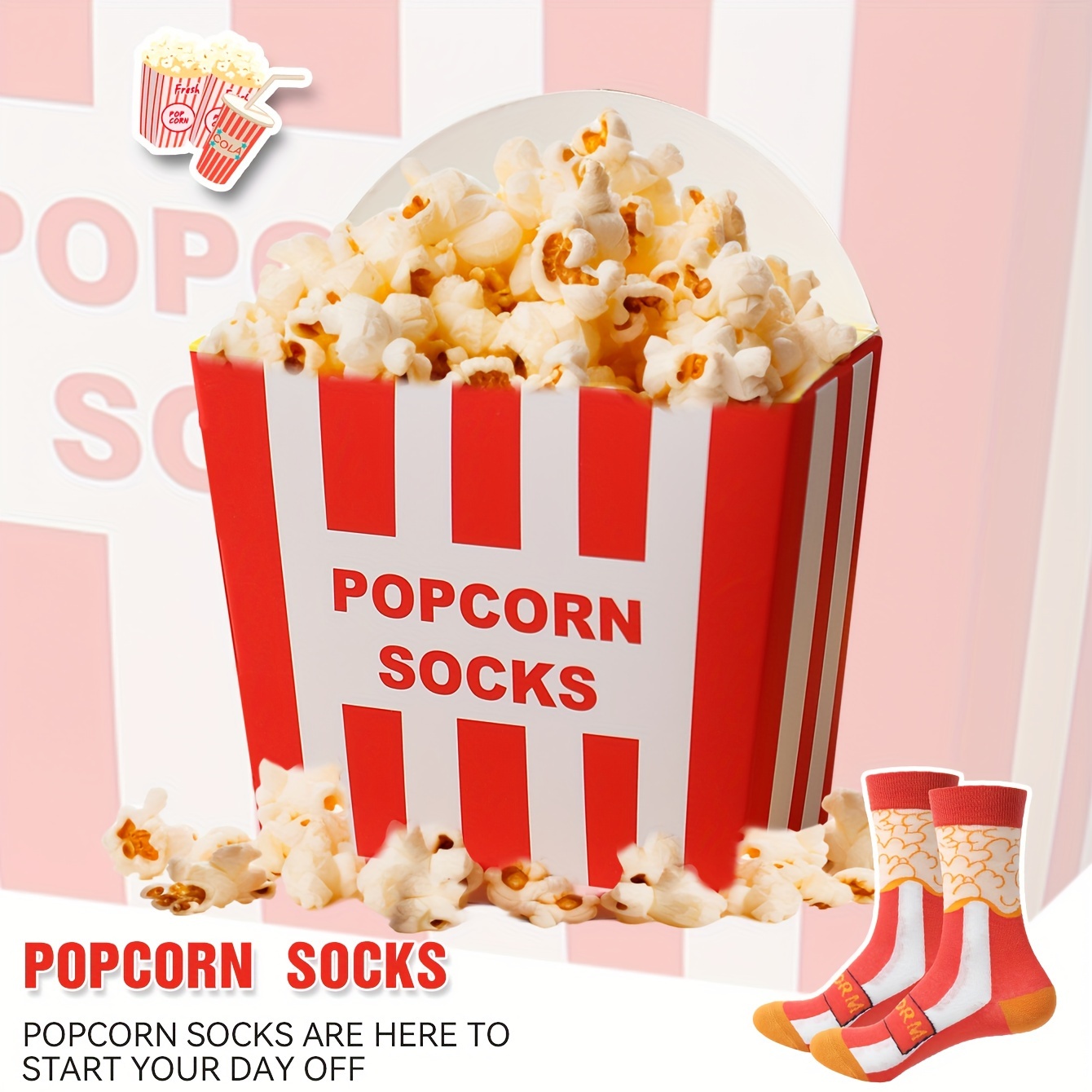 

1 Pair Novelty Popcorn Pattern Crew Socks, Unisex, Comfortable Breathable Polyester Knit Fabric With 5% Elastane, Hand Wash Only, Unique Gift Box For Valentine's, Casual , Party For All