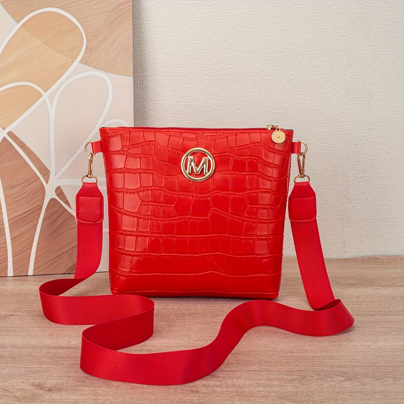 New Crocodile Pattern M Logo Women's Bucket Bag For Daily Shopping, Mobile Phone And Coin Shoulder Crossbody Purse (random Fabric Texture Cut)
